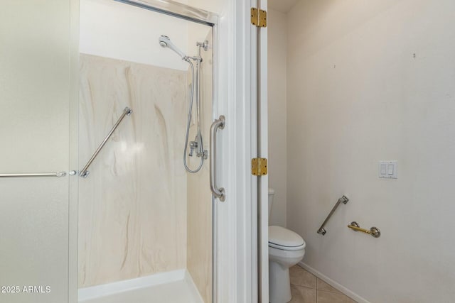 bathroom with walk in shower, tile patterned floors, and toilet