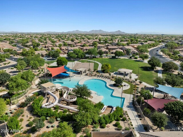 bird's eye view featuring a mountain view and a residential view