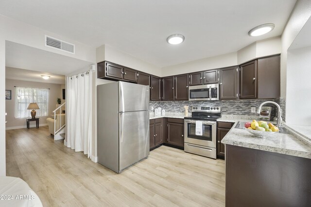 4901 E Kelton Ln Unit 1006, Scottsdale, AZ 85254 - kitchen featuring appliances with stainless steel finishes, dark brown cabinetry, light wood finished floors, and tasteful backsplash