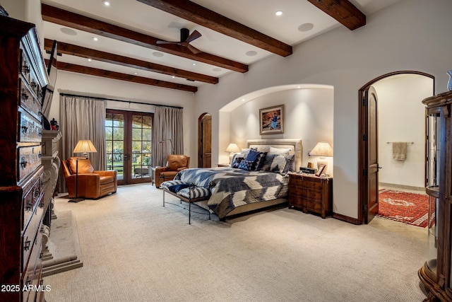 27256 N 97th Pl, Scottsdale, AZ 85262 - bedroom featuring french doors, access to exterior, beam ceiling, and light carpet