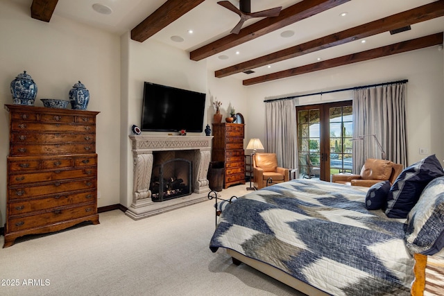 27256 N 97th Pl, Scottsdale, AZ 85262 - bedroom with french doors, access to outside, ceiling fan, light colored carpet, and beam ceiling