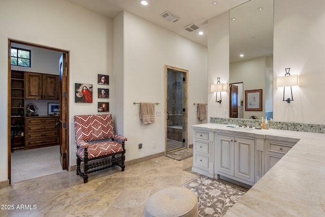 27256 N 97th Pl, Scottsdale, AZ 85262 - bathroom featuring vanity, tasteful backsplash, and a high ceiling