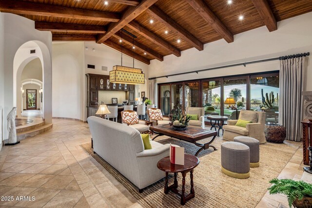27256 N 97th Pl, Scottsdale, AZ 85262 - living room with wood ceiling, high vaulted ceiling, and beamed ceiling