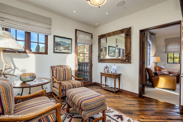 sitting room with dark hardwood / wood-style floors