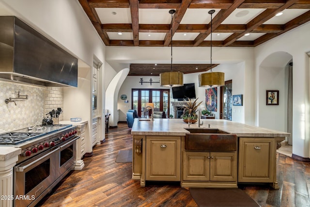 27256 N 97th Pl, Scottsdale, AZ 85262 - kitchen with an island with sink, coffered ceiling, wall chimney exhaust hood, and double oven range