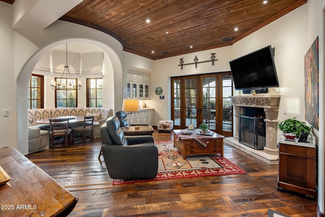 27256 N 97th Pl, Scottsdale, AZ 85262 - living room with dark hardwood / wood-style flooring, crown molding, a chandelier, and wood ceiling