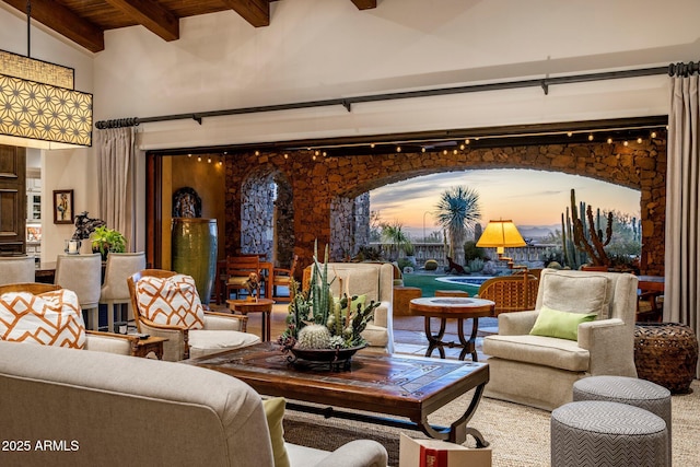 27256 N 97th Pl, Scottsdale, AZ 85262 - living room featuring lofted ceiling with beams and wooden ceiling