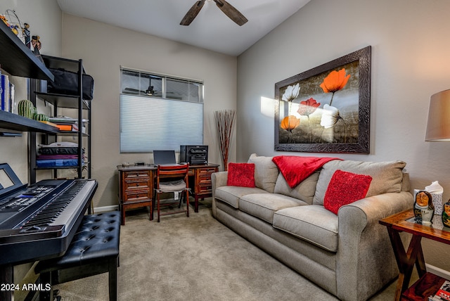 home office featuring ceiling fan and carpet