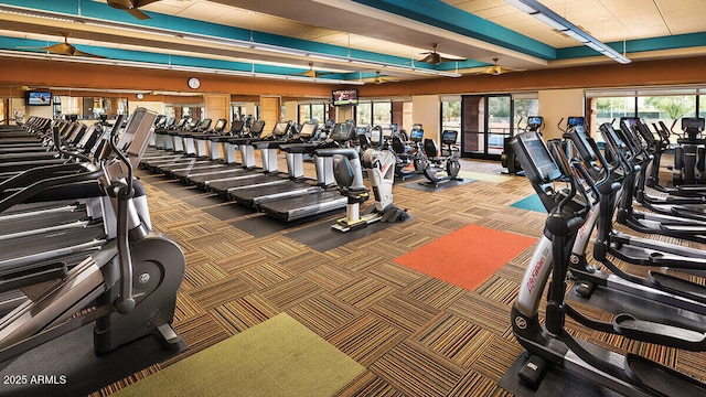 gym featuring ceiling fan and carpet