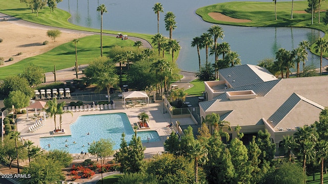 aerial view featuring a water view