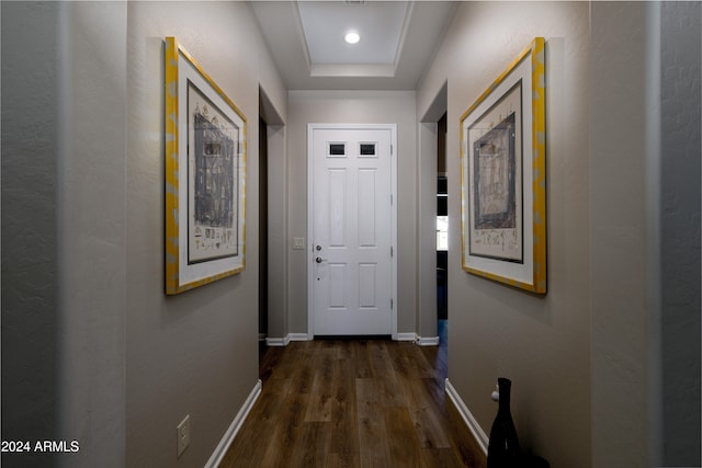 doorway featuring dark hardwood / wood-style floors and a tray ceiling