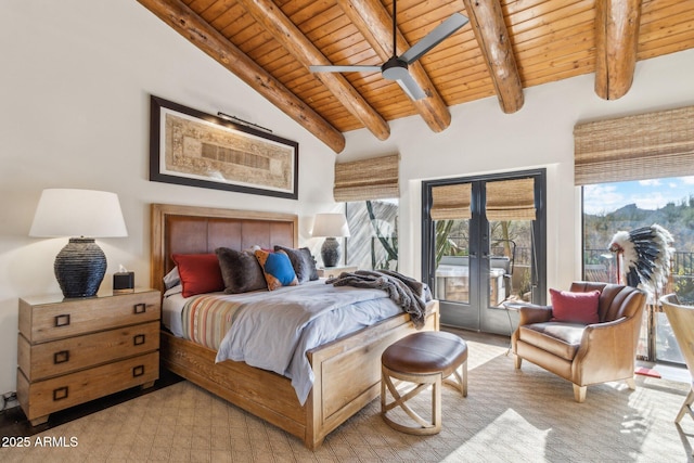 bedroom with access to exterior, french doors, lofted ceiling with beams, and wooden ceiling