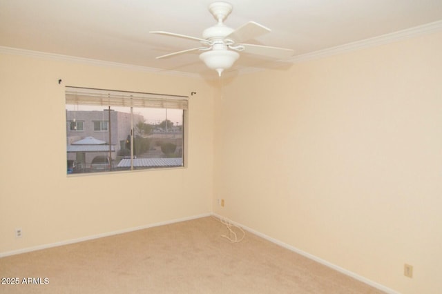 empty room with crown molding, carpet floors, and ceiling fan