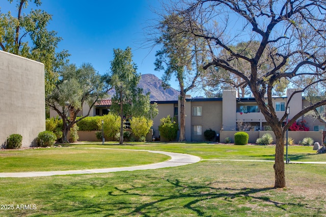 view of property's community featuring a mountain view and a yard