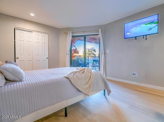 bedroom with access to exterior, light hardwood / wood-style floors, and a closet