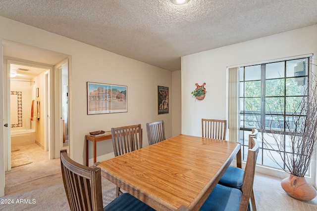 carpeted dining space with a textured ceiling