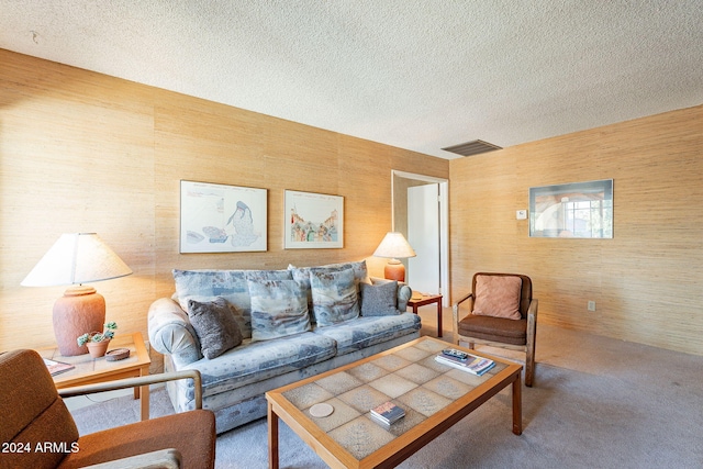 living room featuring carpet floors and a textured ceiling