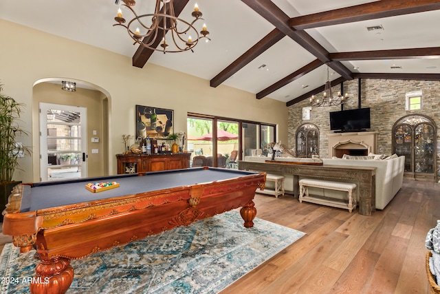 rec room with a fireplace, beamed ceiling, light hardwood / wood-style flooring, high vaulted ceiling, and pool table