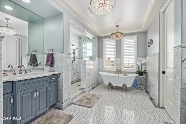 bathroom featuring tile walls, tile patterned floors, an inviting chandelier, and plus walk in shower