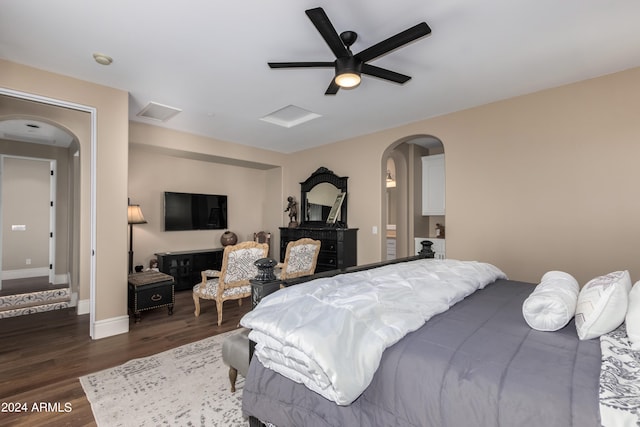 bedroom featuring ceiling fan and dark hardwood / wood-style flooring