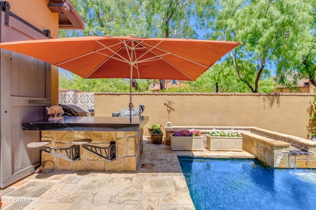 view of swimming pool featuring pool water feature, a patio area, and exterior bar