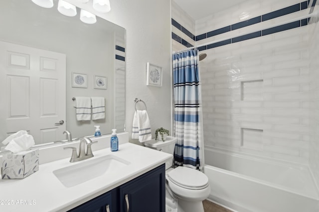 full bathroom featuring toilet, vanity, and shower / bathtub combination with curtain