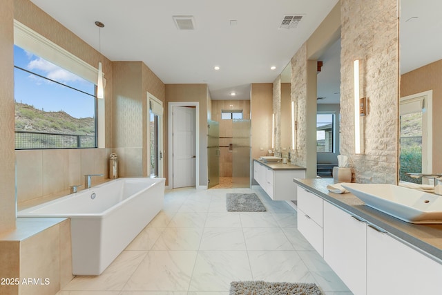 bathroom with vanity, a wealth of natural light, a mountain view, and independent shower and bath