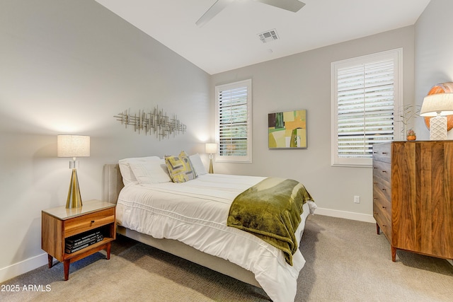 bedroom featuring light colored carpet, ceiling fan, and lofted ceiling