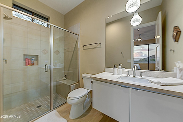 bathroom with hardwood / wood-style floors, vanity, a shower with shower door, and toilet