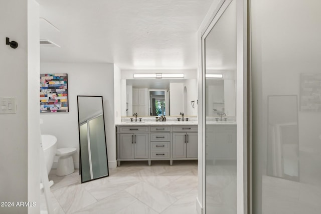 bathroom featuring shower with separate bathtub and vanity