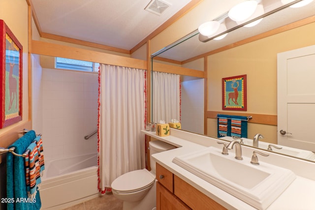 full bathroom with tile patterned floors, vanity, toilet, and shower / tub combo with curtain