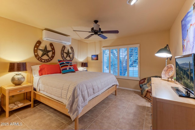 tiled bedroom with ceiling fan and a wall unit AC