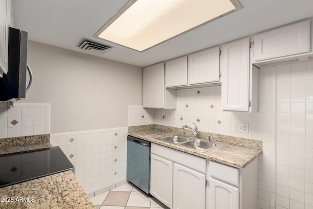 6818 N 35th Ave Unit C, Phoenix, AZ 85017 - kitchen featuring a sink, dishwashing machine, tile walls, white cabinets, and stainless steel microwave