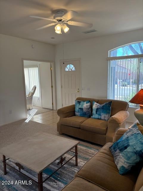 living room with ceiling fan