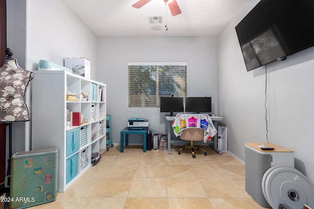 tiled office with ceiling fan