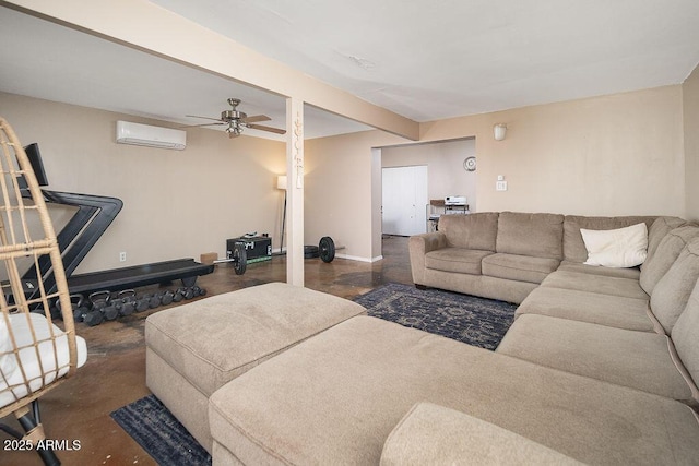 living room featuring an AC wall unit, ceiling fan, and baseboards