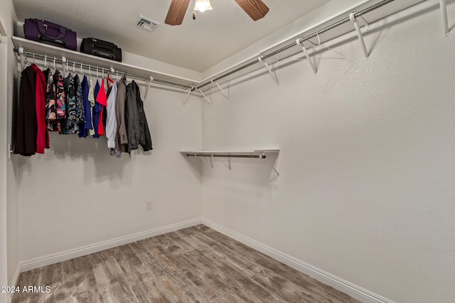 spacious closet featuring ceiling fan and wood-type flooring