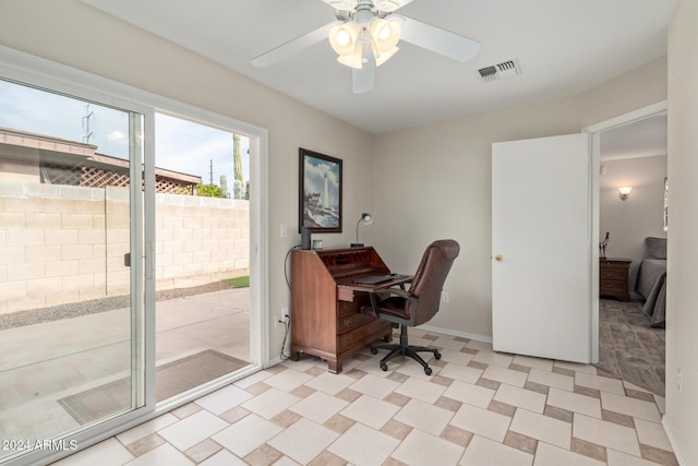 office space featuring ceiling fan