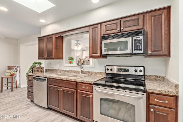 kitchen featuring sink, a skylight, ceiling fan, light wood-type flooring, and appliances with stainless steel finishes