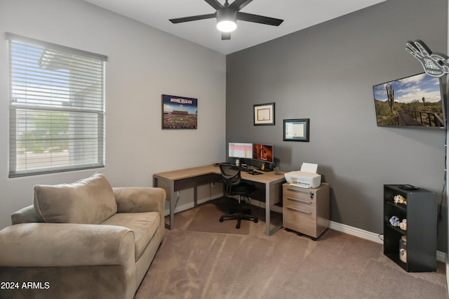 office with ceiling fan, light colored carpet, and a wealth of natural light