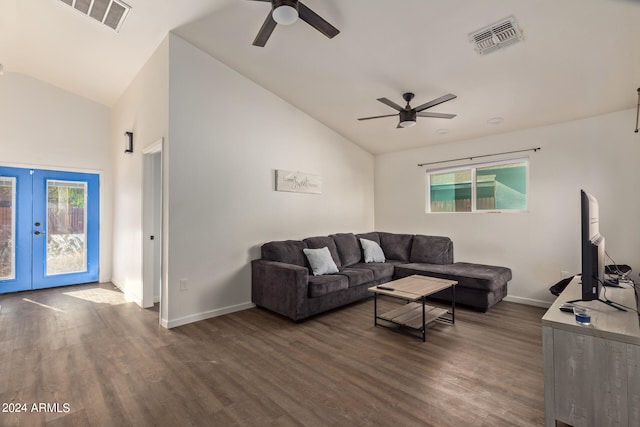 living room featuring ceiling fan, dark hardwood / wood-style floors, plenty of natural light, and french doors