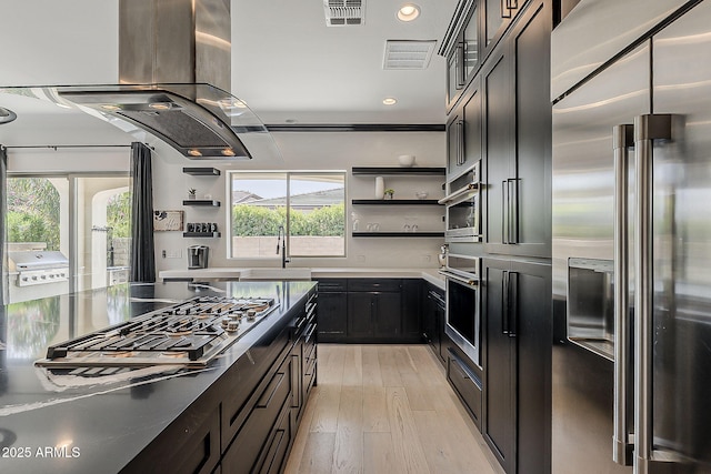 199 E Tangerine Path, Queen Creek, AZ 85140 - kitchen featuring stainless steel appliances, open shelves, light wood finished floors, island exhaust hood, and recessed lighting