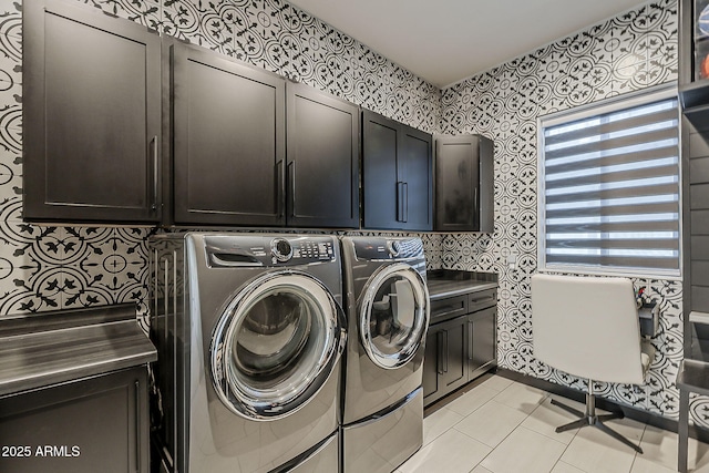 199 E Tangerine Path, Queen Creek, AZ 85140 - laundry room with cabinet space, washer and dryer, wallpapered walls, and light tile patterned floors
