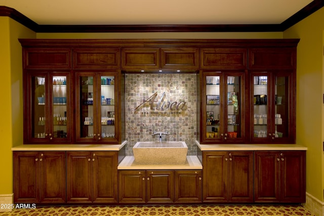 199 E Tangerine Path, Queen Creek, AZ 85140 - bar area featuring ornamental molding, a sink, and decorative backsplash