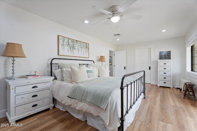 6310 E Desert Cove Ave, Scottsdale, AZ 85254 - bedroom featuring light wood-style flooring, recessed lighting, and ceiling fan
