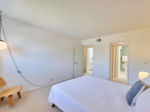 carpeted bedroom with ensuite bathroom and a textured ceiling