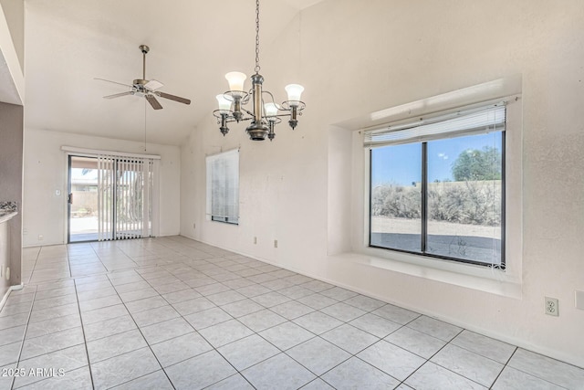 6032 W Grovers Ave, Glendale, AZ 85308 - empty room with a chandelier, ceiling fan, light tile patterned floors, and high vaulted ceiling