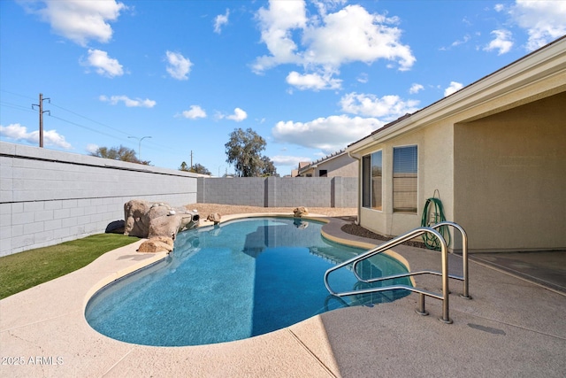 view of pool with a patio area, a fenced backyard, and a fenced in pool