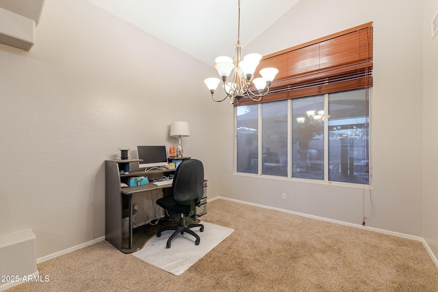 288 W Los Alamos St, Gilbert, AZ 85233 - carpeted home office featuring a chandelier, vaulted ceiling, and baseboards