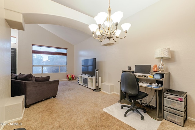288 W Los Alamos St, Gilbert, AZ 85233 - office area featuring carpet floors, lofted ceiling, a chandelier, arched walkways, and baseboards
